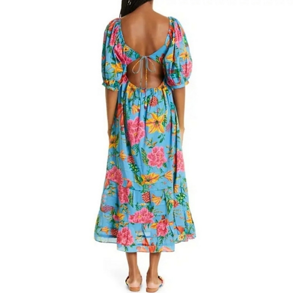 FARM RIO TOUCANS GARDEN MIDI DRESS IN BLUE Womens Small - Picture 5 of 9